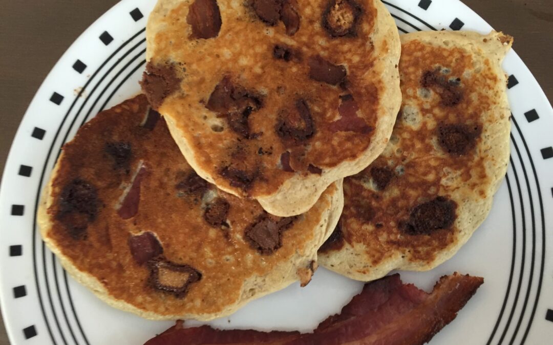 Fluffy Pancakes (with Bacon and Reese’s PB minis!)